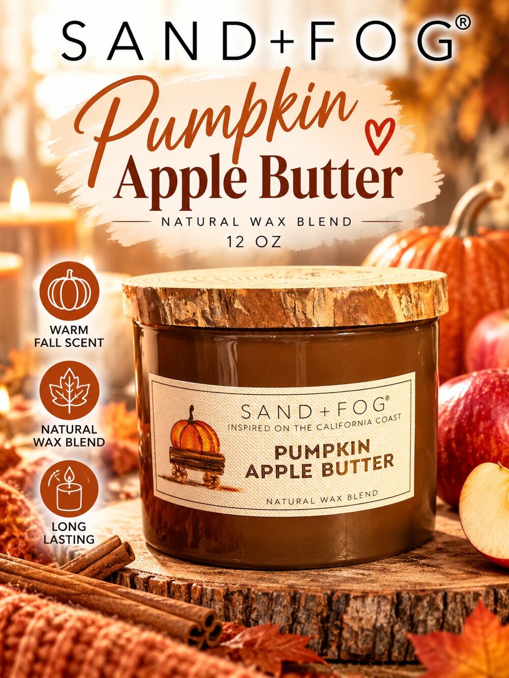 Sand + Fog 12oz Candle in Pumpkin Apple Butter NEW
